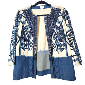 Chico's 1 Womens medium Denim Jacket Lightweight Open Front Blue Printed Sequins